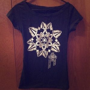 Wide Neck Tattoo Flower Shirt - Small